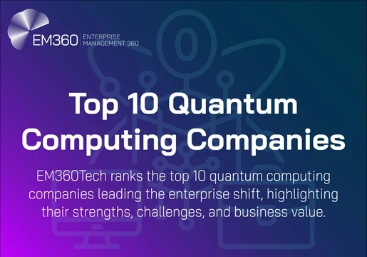 Infographic cover titled ‘Top 10 Quantum Computing Companies’ with EM360Tech branding. Subheading reads: ‘EM360Tech ranks the top 10 quantum computing companies leading the enterprise shift, highlighting their strengths, challenges, and business value.’ The background has a gradient from purple to dark blue with abstract line art of atoms, circuits, and technology icons.