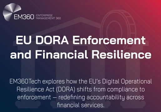 Alt text: A dark gradient graphic with the EM360 Enterprise Management 360 logo at the top left and the title “EU DORA Enforcement and Financial Resilience” in bold white text. Below, a subtitle reads: “EM360Tech explores how the EU’s Digital Operational Resilience Act (DORA) shifts from compliance to enforcement — redefining accountability across financial services.” The background features a faint outline of a bank building and coin symbol, representing financial stability and regulation.