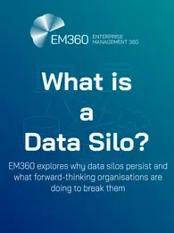 EM360Tech article header image titled 'What is a Data Silo?' with a gradient blue background and subtle tech icons, featuring the subtitle: 'EM360Tech explores why data silos persist and what forward-thinking organisations are doing to break them.