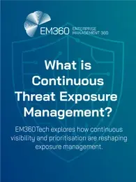 Header image for EM360Tech article titled 'What is Continuous Threat Exposure Management?' featuring a blue gradient background with a digital circuit design, a faint outline of a shield icon, and bold white text. The subtitle reads: 'EM360Tech explores how continuous visibility and prioritisation are reshaping exposure management.