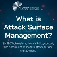 Header image for the article "What is Attack Surface Management?" featuring a digital shield icon and connected network nodes on a dark blue background. The EM360Tech logo appears in the top left corner, with the subtitle "EM360Tech explores how visibility, context, and control define modern attack surface management.