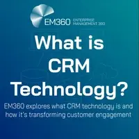  Title slide for an article by EM360 titled "What is CRM Technology?" The background features a gradient blue design with a faint outline of a document, user icon, and gear. The text reads: “What is CRM Technology? EM360 explores what CRM technology is and how it’s transforming customer engagement.” The EM360 logo appears in the top left corner.