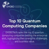 Infographic cover titled ‘Top 10 Quantum Computing Companies’ with EM360Tech branding. Subheading reads: ‘EM360Tech ranks the top 10 quantum computing companies leading the enterprise shift, highlighting their strengths, challenges, and business value.’ The background has a gradient from purple to dark blue with abstract line art of atoms, circuits, and technology icons.